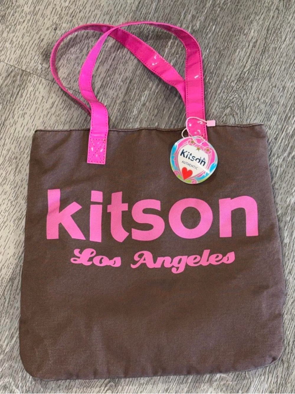 NWT Kitson Brown Canvas Tote with Hot Pink Handles and Aqua Lining
